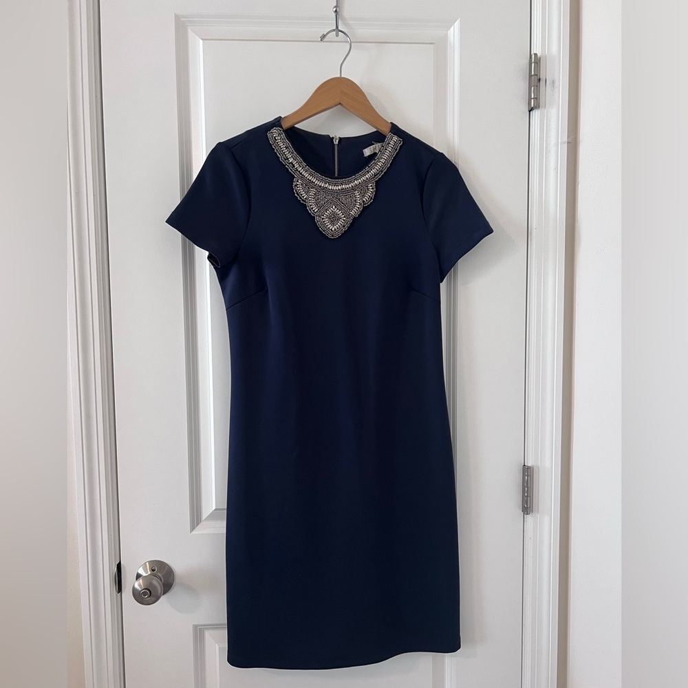 Spense Blue and Silver Embellished Sheath Midi Dress